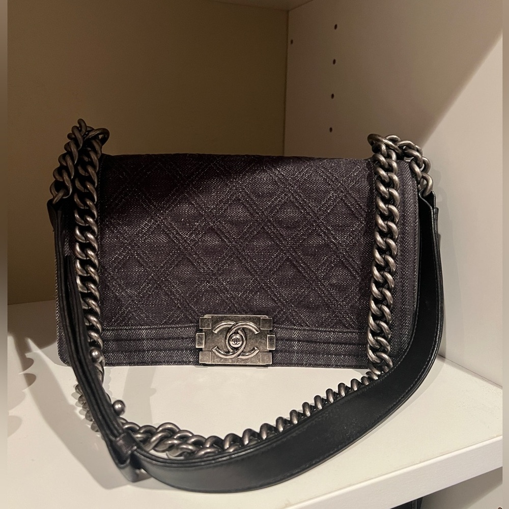Chanel Gray Old Medium Quilted Denim Boy Flap